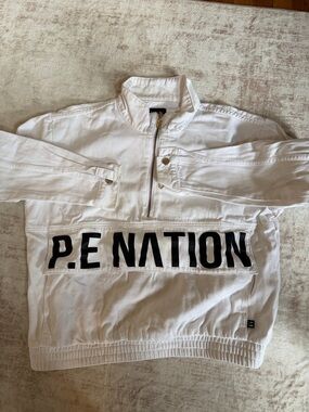 P.E Nation White Denim Half-Zip Pullover Sweatshirt with Black Logo